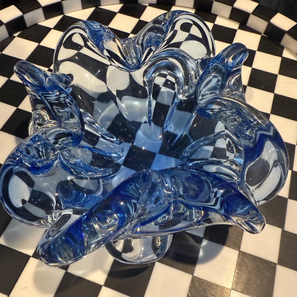 Vintage Italian Murano Candy Dish Blue Bowl Handmade Blown Glass Art